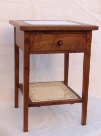 Side Table: Walnut, Woven Cane, & Marble